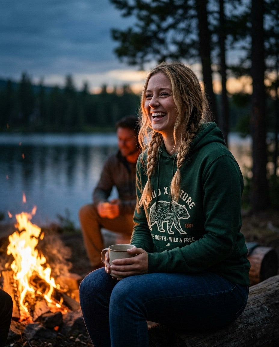 Topo Bear hoodie by the campfire