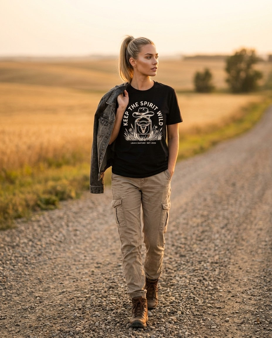 Keep the Spirit Wild tee on a prairie road