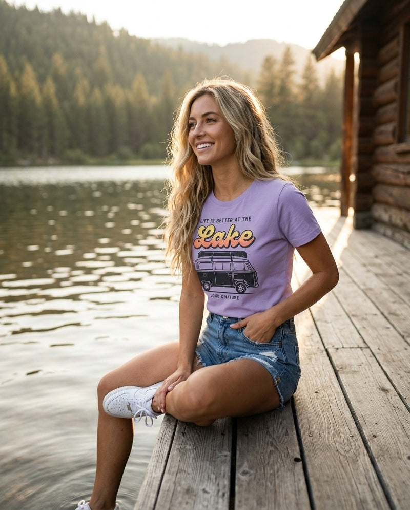Better at the Lake tee on a cabin dock