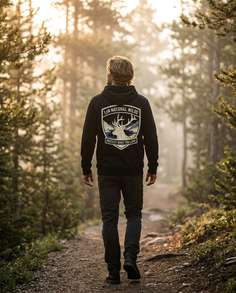 Elk badge zip hoodie on a misty forest trail