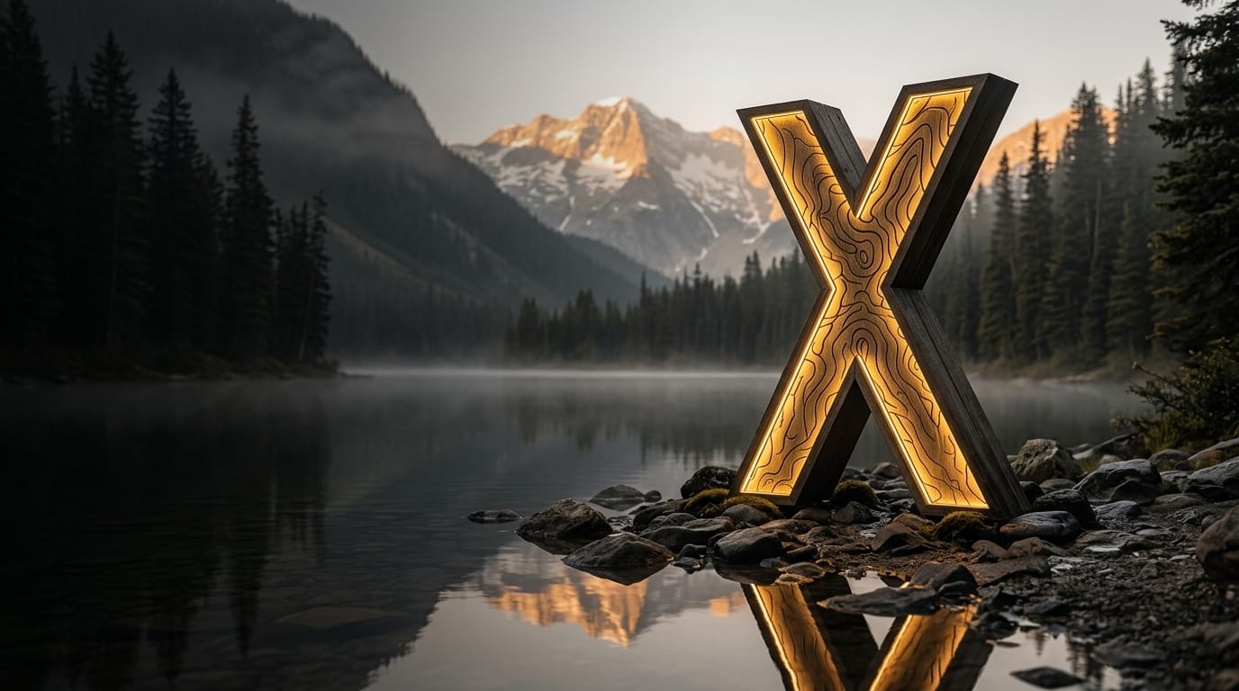The glowing Loud x Nature X on the shore of a misty mountain lake at golden hour